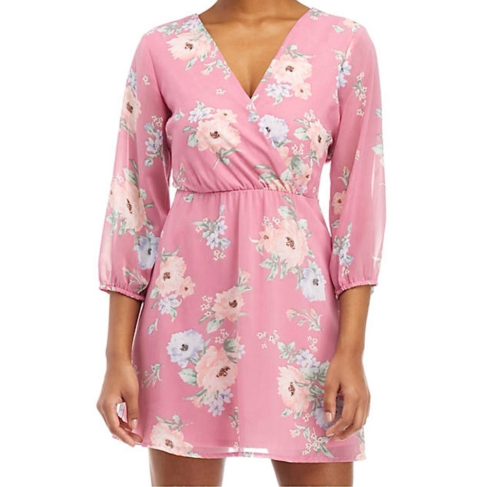 AS U WISH Junior’s Mauve Pink Floral 3/4 Sleeve Tie Back Surplice Mini Dress